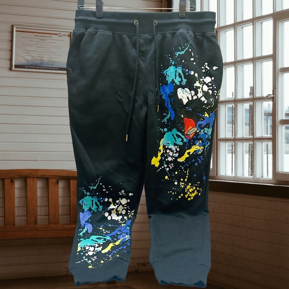 GENUINE AUTHENTIC GARMENTS Men's Artistic Black Sweatpants with Colorful Design
